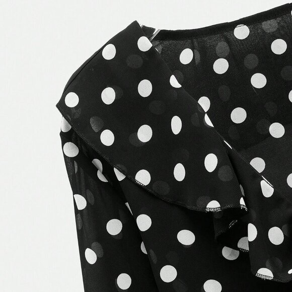 Black Women's Polka Dot Print Design Front Bow Tie Ruffle details blouse - Picture 10 of 11